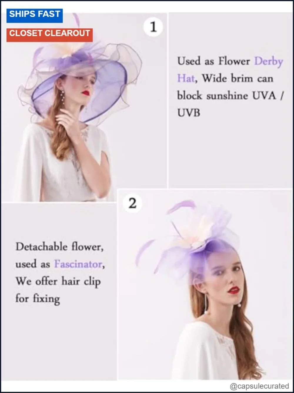 Wide Brim Organza Derby Hat Removable Flower Fascinator for Wedding Tea Party